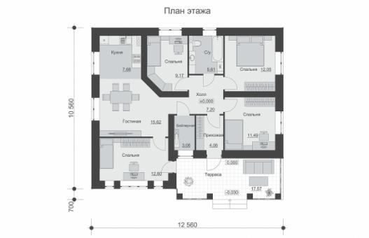 Одноэтажный дом с четырьмя спальнями и террасой